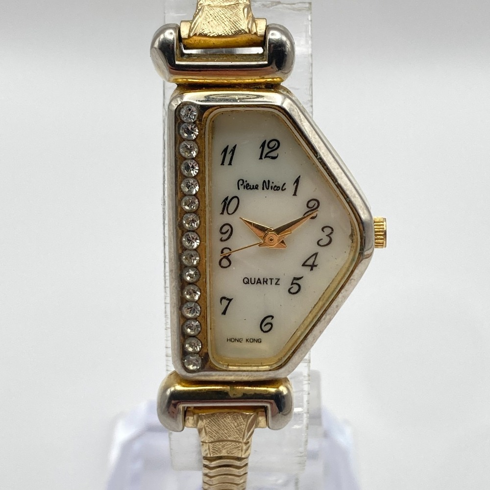 Pierre Nicol Half Moon Womens Watch Gold Tone Crystals MOP New Battery SMALL